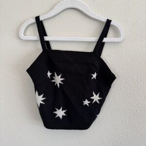Free Assembly Small Black Star Patterned Ribbed Knit Crop Tank